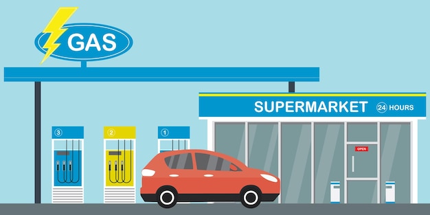 ガソリン燃料は道路スーパー マーケット 24 時間フラット ベクトル図に常駐の現代の車