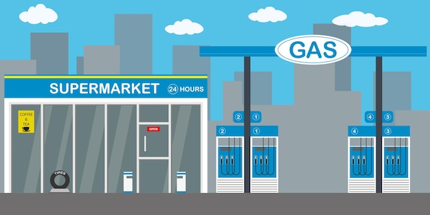 Gasoline fuel stationsupermarket 24 hourscity on backgroundflat vector illustration