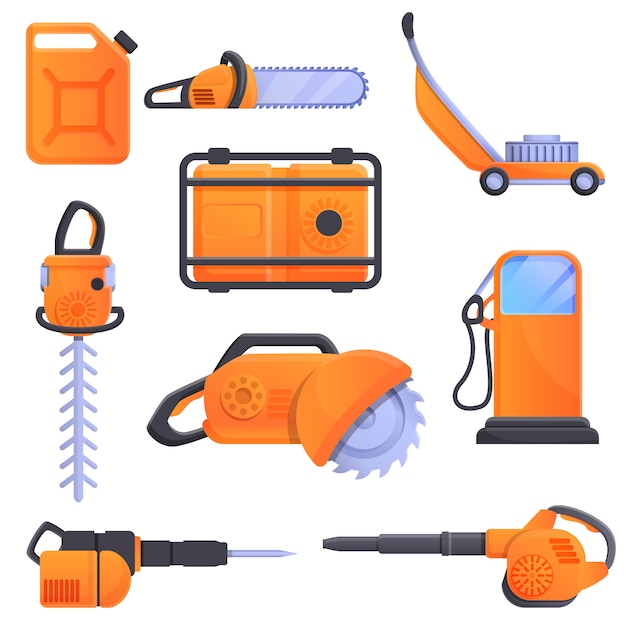 Gasoline tools icons set, cartoon style