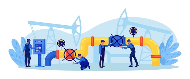 Vector gasproductie in de olie-industrie operators regelen olie- en gastransport vanuit fabriek met oliepijpleiding fossiele hulpbron brandstofproducten ingenieurs in werkkleding inspecteren petroleumpijpleidingen