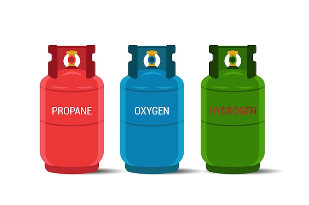 Gastanks gecomprimeerde zuurstof waterstof propaan gevaarlijke cilinder tanks vector platte illustration