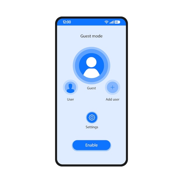 Gastmodus app smartphone interface vector sjabloon. mobiele hulpprogramma pagina blauwe ontwerp lay-out. gebruikersaccount wisselen applicatie platte gebruikersinterface. functie voor privacybescherming. knop inschakelen op telefoonscherm