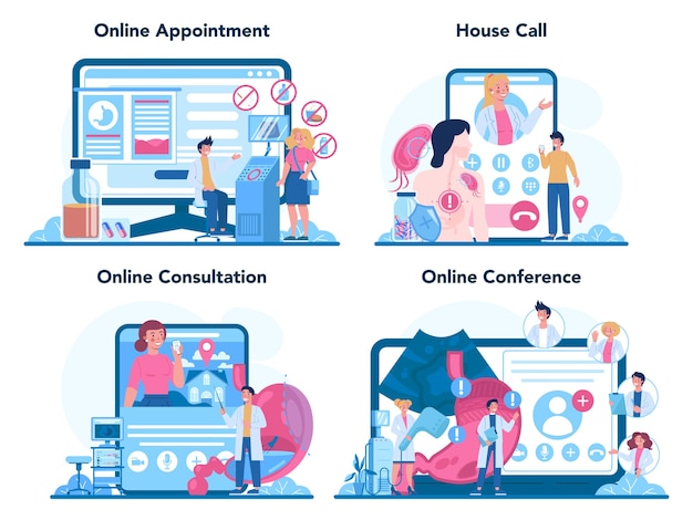 消化器内科医のオンラインサービスまたはプラットフォームセット。胃の治療のアイデア。