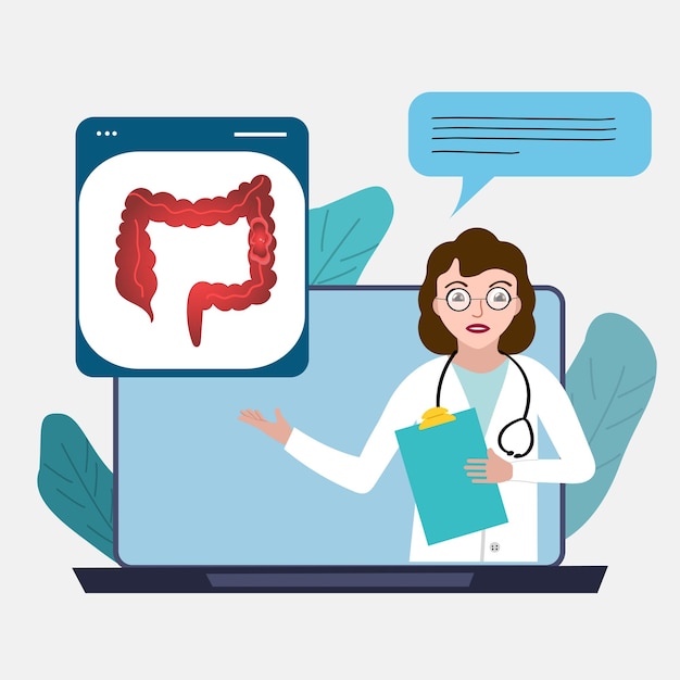 Gastroenterology gut presentation by doctor online on computer in vector illustration