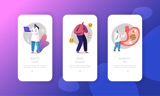 gastroenterology mobile app page onboard screen template. tiny doctor characters at huge stomach