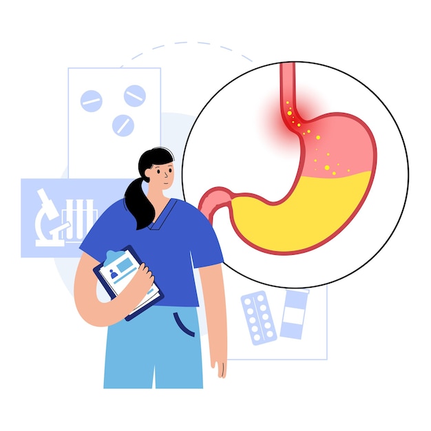 Gastroesophageal reflux disease. Doctor in clinic. Digestive disorder and GERD in human body. Pain, heartburn in chest, stomach and esophagus. Open sphincter allows acid reflux vector illustration