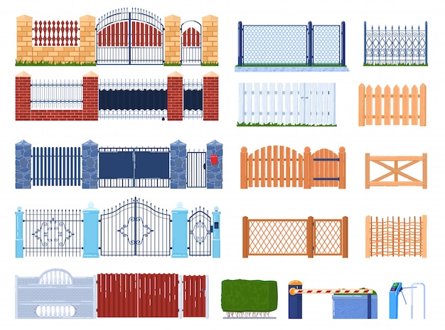 Insieme dell'illustrazione del recinto e del portone, raccolta delle strutture di mattone di legno o di pietra del fumetto per le case del giardino recintate e azienda agricola, gatepost