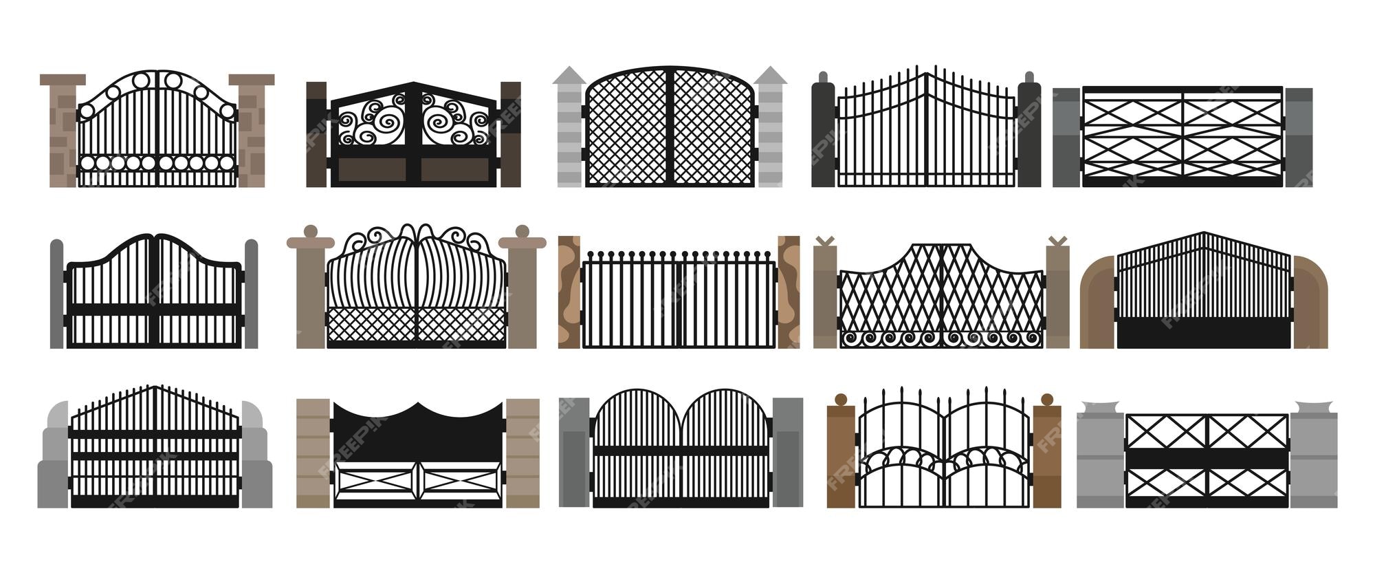 Premium Vector | Gate with iron fence door and metal cartoon manor  decoration front entrance from ironwork grid