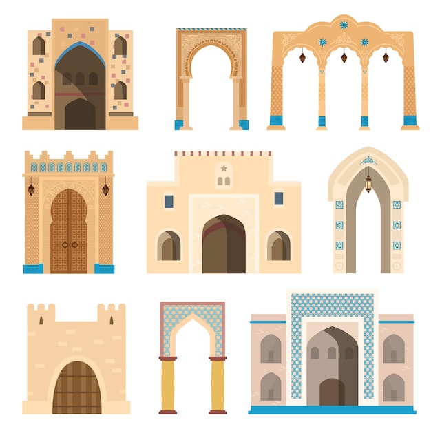 Vector gates and archs decorated with mosaics, lanterns, columns.