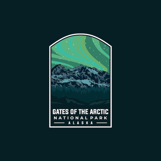 Vector gates of arctic national park vector template. alaska landmark illustration in patch emblem style.