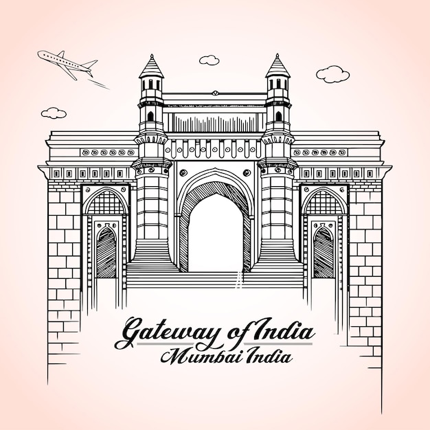 Gateway of India Mumbai, Mumbai city gateway icon, India. Famous Indian hand-drawn Maharashtra land.