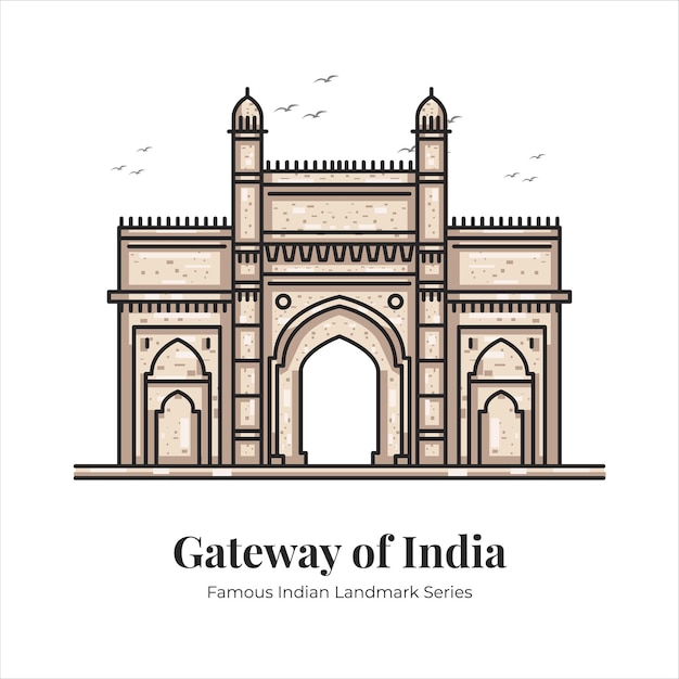 インドの有名な象徴的なランドマーク漫画線画イラストを構築するインドのゲートウェイ