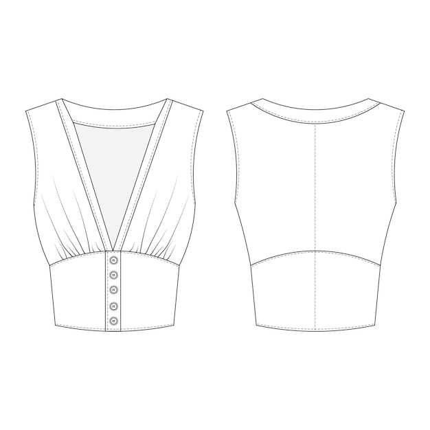 Vector gathered sleeveless buttoned v neck blouse template technical drawing flat sketch cad mockup fashion