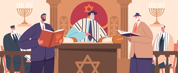 Gathered In A Synagogue Worshippers Engage In Prayers Readings And Rituals Under The Guidance Of A Rabbi Fostering A Sense Of Community And Spiritual Connection Cartoon People Vector Illustration