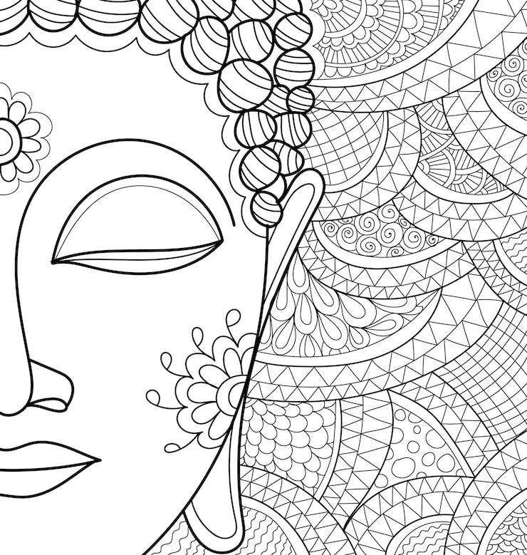 Vector gautama buddha creative coloring book page with henna design style