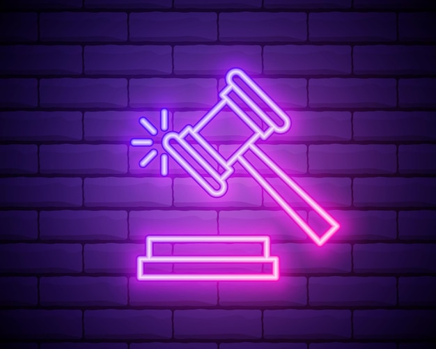 Icona neon legge gavel set di elementi di legge e giustizia icona semplice per siti web design web app mobile info grafica isolata su muro di mattoni