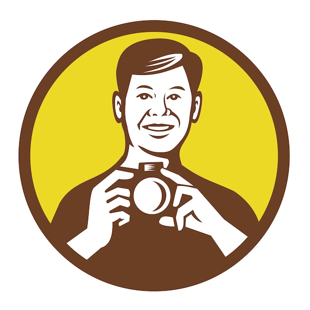 Vector gay asian photographer holding digital camera retro style