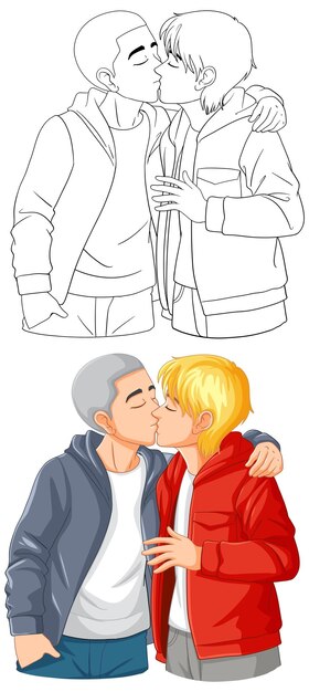 Gay couple cartoon kissing doodle outline