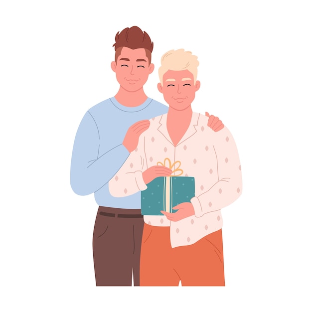 Gay couple hugging and giving gift. Love couple with present. LGBT family. Holiday surprise.