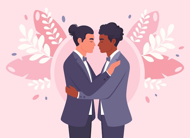 게이 커플 포옹 LGBT 웨딩 프라이드 개념 다문화 커플