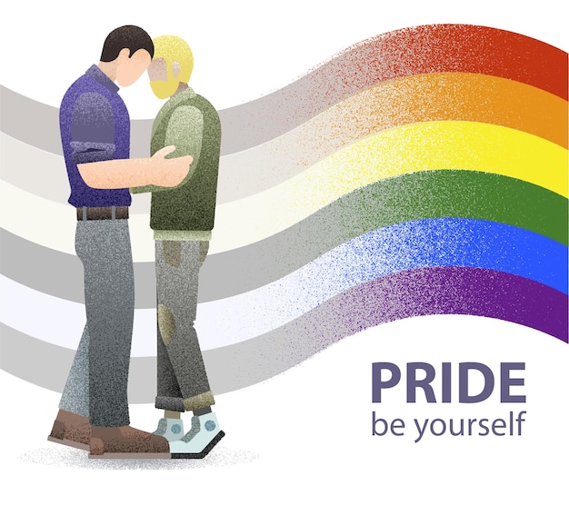 Gay couple in romantic relationship Man embrace friend Family relationship flat design vector particles grain effect