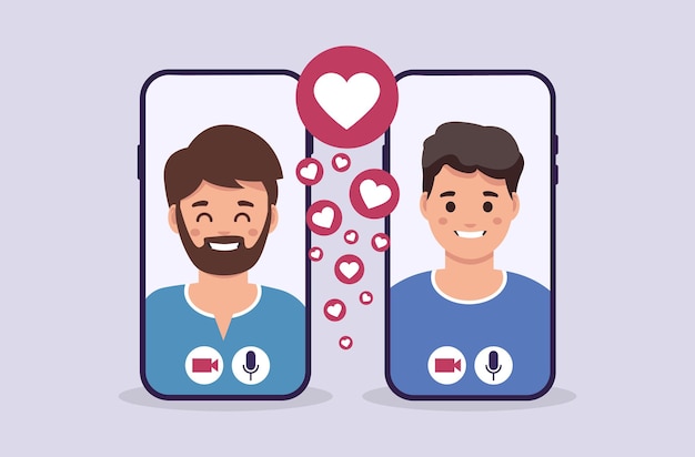 Gay couple spend valentine's day together via video calls. online dating