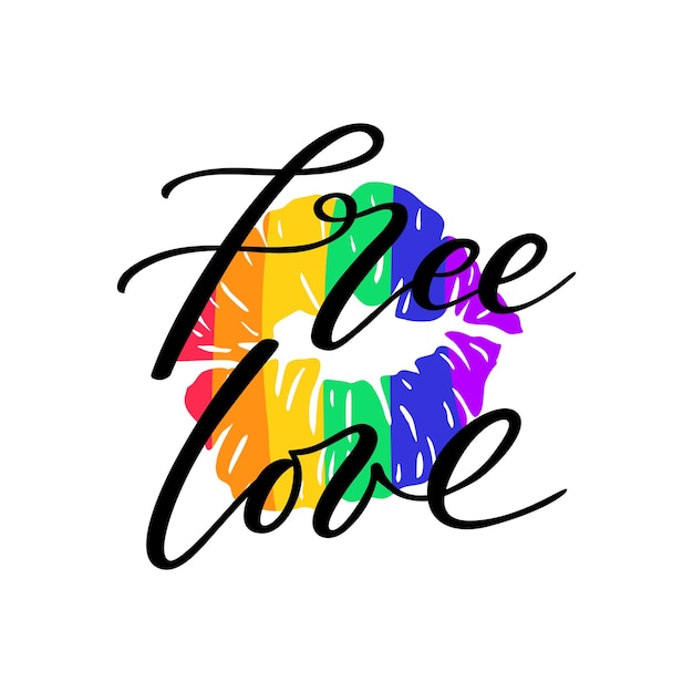 Gay lettering quote concept poster kiss mark Rainbow colored phase free kisses Vector lgbt poster