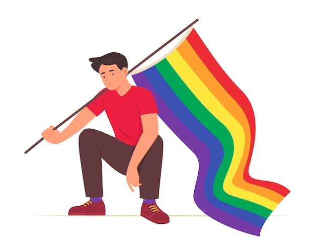 ベクトル プライドの概念図の虹色の旗を保持しているゲイの男