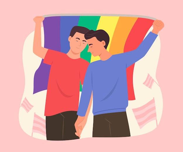 Vector gay men couple holding rainbow flag for lgbt pride celebration concept illustration