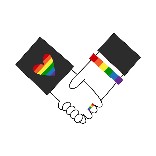 Vector gay people with rainbow flag lgbt symbols hold hands valentines day love happy pride