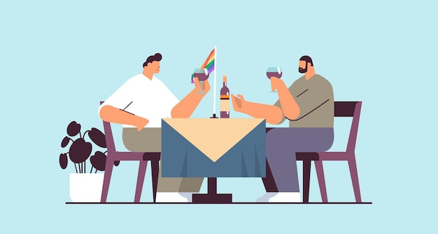 Vector gays couple drinking wine two guys spending time together transgender love lgbt community concept horizontal full length vector illustration