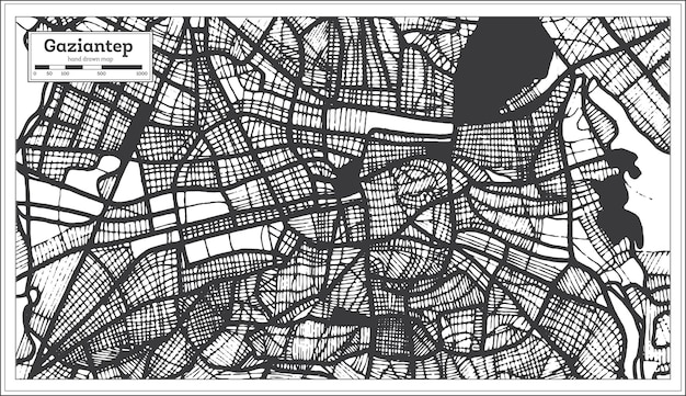 Карта города газиантеп турция в черно-белом цвете в стиле ретро карта контура