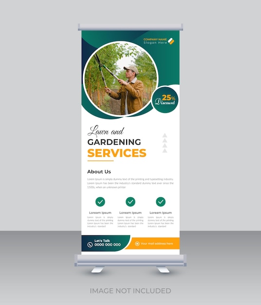 Gazon en tuinieren rek kaart dl flyer ontwerp roll-up banner sjabloon