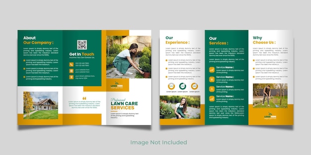 Vector gazonverzorging driebladige brochure sjabloon tuinieren of landschapsarchitect driebladige brochureontwerp