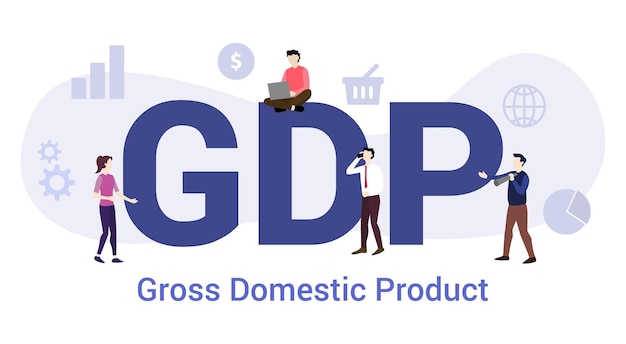 Gdp のグローバルな国内製品コンセプト大きな単語またはテキストとモダンなフラット スタイルのベクトルを持つチームの人々