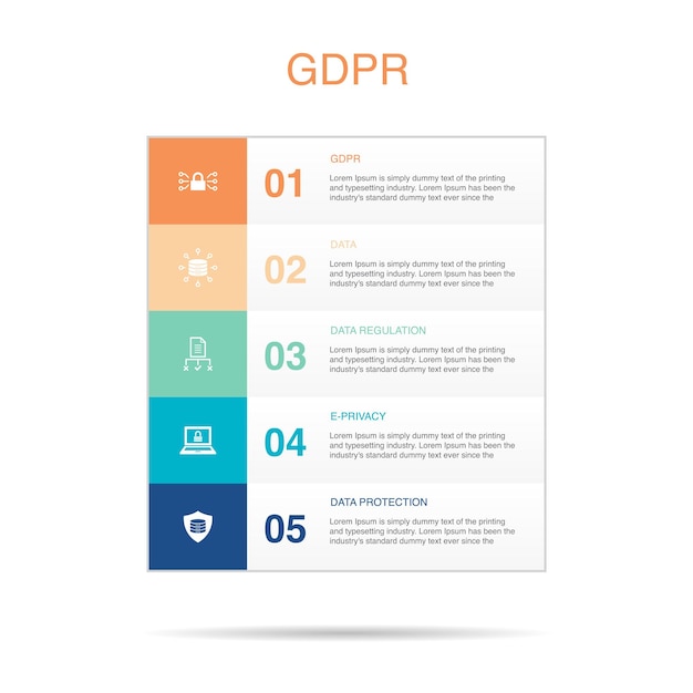 Gdpr data data regulation eprivacy data protection icons infographic design template creative concept with 5 steps