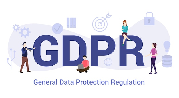 大きな単語またはテキストとモダンなフラット スタイルのベクトルを持つチームの人々 と Gdpr の一般的なデータ保護規制の概念