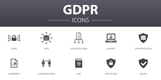 GDPR 간단한 개념 아이콘을 설정합니다. 웹, 로고, UI/UX에 사용할 수 있는 데이터, 전자 개인 정보 보호, 계약, 보호 등과 같은 아이콘이 포함되어 있습니다.