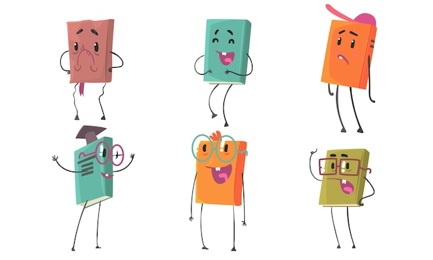 Geanimeerde boeken in kleurrijke omslag met verschillende emoties vector illustratie set cartoon personage