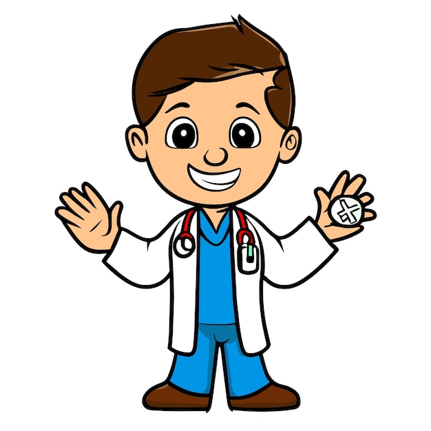 Vector geanimeerde gezondheidszorg bliss dynamische pose van cute kid doctor