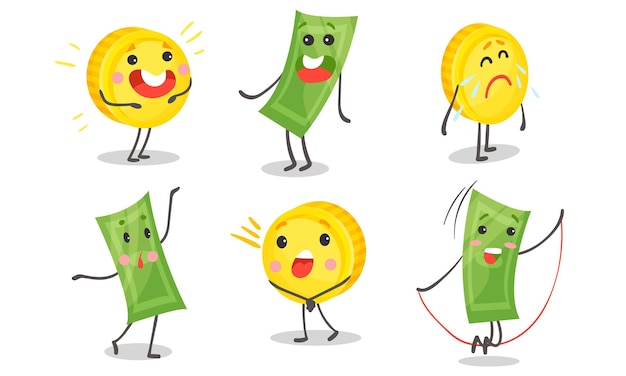 Vector geanimeerde groene bankbiljetten en gouden munten met verschillende emoties glimlachen lachen hebben fan schreeuwen huilen verdrietig vector illustraties cartoon personage geïsoleerd op witte achtergrond