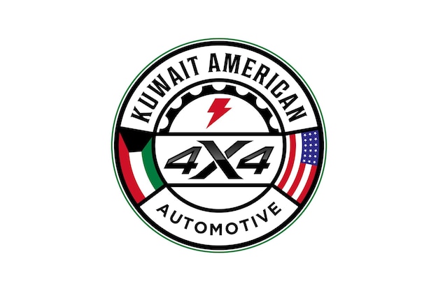 Gear automotive logo design kuwait bandiera americana forma arrotondata distintivo emblema 4x4 auto da corsa off roaf