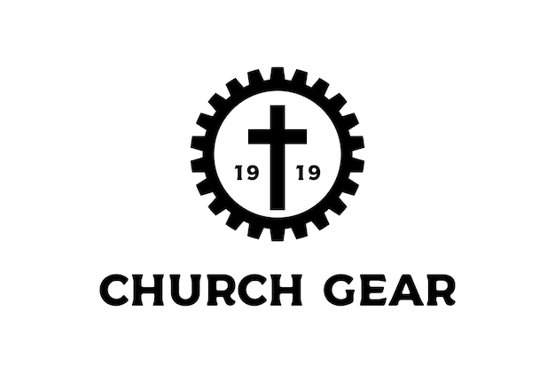 Gear cog driven con jesus christian cross per il logo della comunità del sindacato dei lavoratori dell'industria