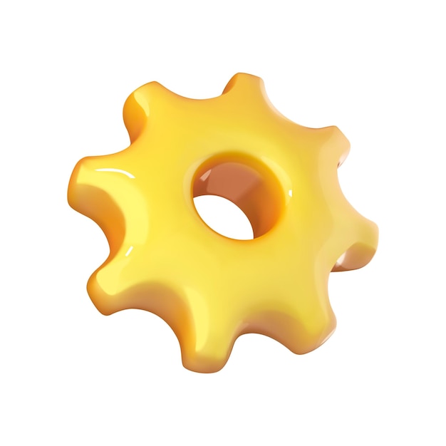 Gear icon in cartoon 3d style isolated on white background Vector illustration plastic volumetric yellow gear