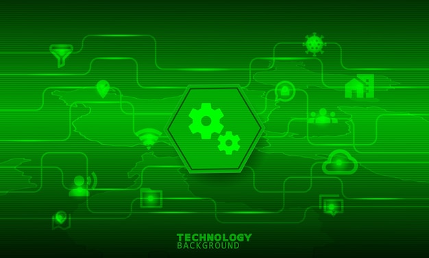 Gear icon in green hexagon with communication icons.