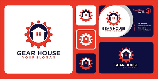 gear logo design with house and business card