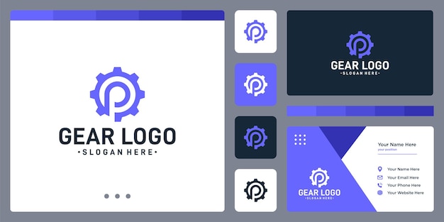 ギアのロゴとイニシャルの文字Pのロゴ。名刺デザインテンプレート。