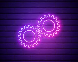 Vector gear maintenance pink neon vector icon glowing gear symbol isolated on brick wall background