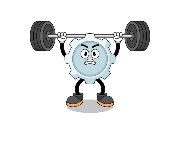 Gear mascot cartoon lifting a barbell