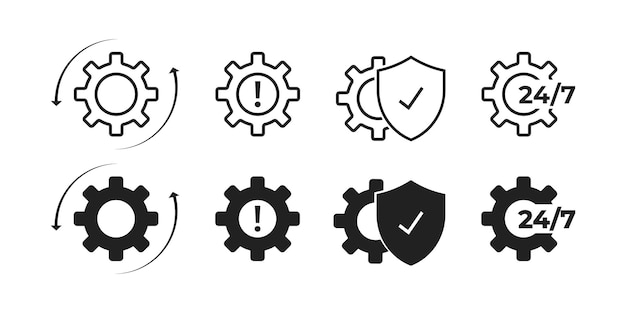 Gear setting icon set Gear mechanisme met pijl chekmark en 247 servisCollection of simple linear web icons Sync process